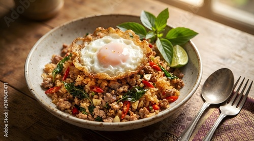 Basil Fried Rice With Fried Egg on Rustic Plate