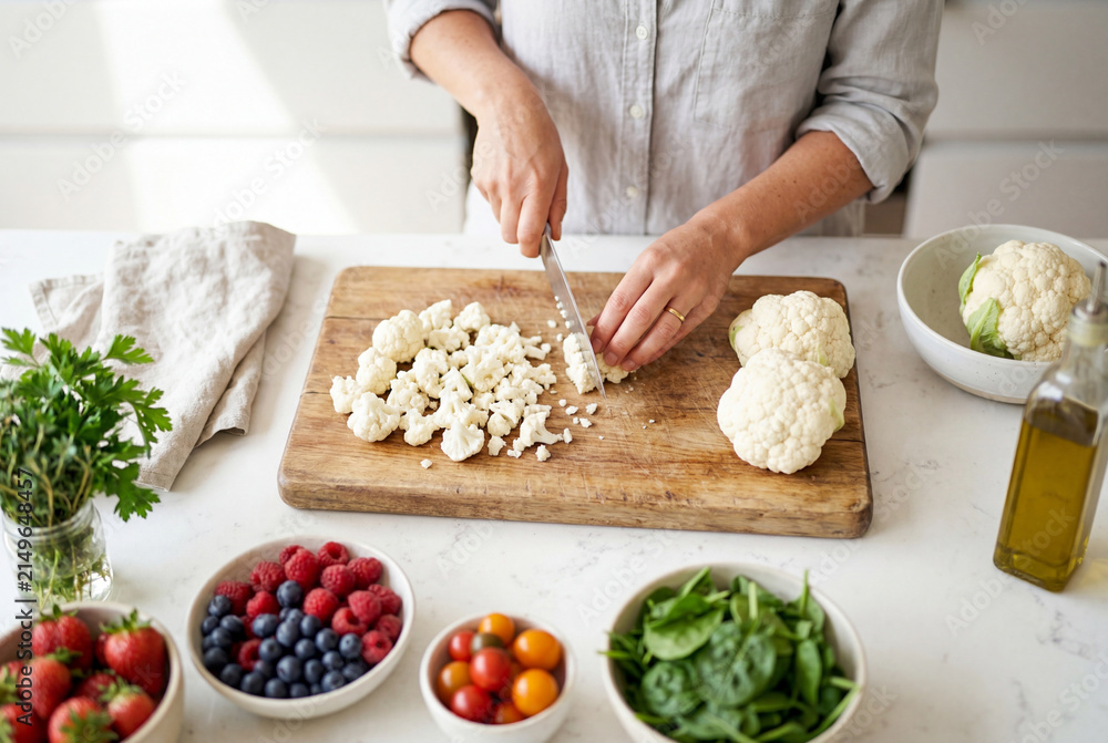 Fototapeta premium Woman cutting fresh white cauliflower on a wooden board