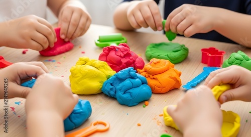 Childrens hands playing with colorful modeling clay on a wooden table