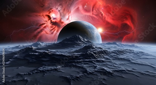 Rugged alien landscape with a distant planet and lightning