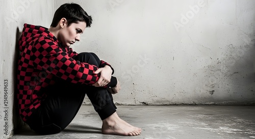 Sad young person sits on floor against a grunge wall alone