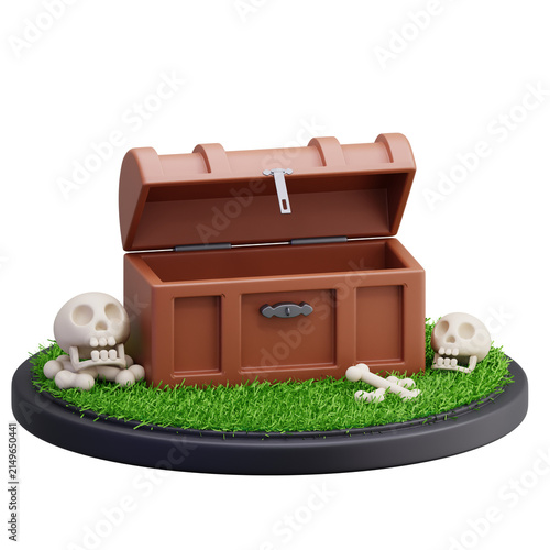 Canvastavla 3D treasure Chest Pirate Skeleton Skulls and Bones on Grass Pedestal