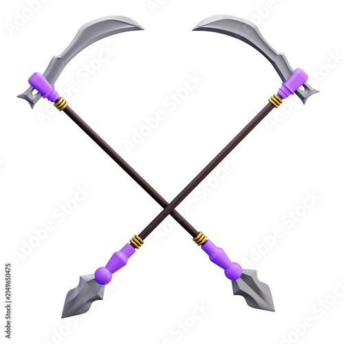 3D scythe Spear Fantasy Weapon Crossed Polearm Blades Purple Warrior Gear