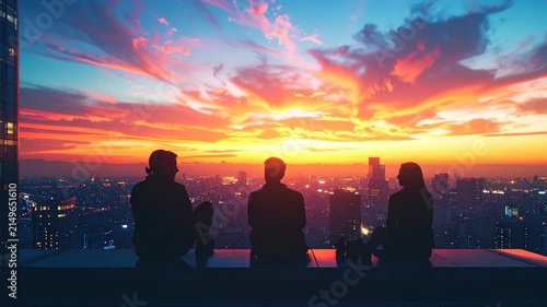 Silhouetted figures admire a vibrant city sunset from a skyscraper's edge