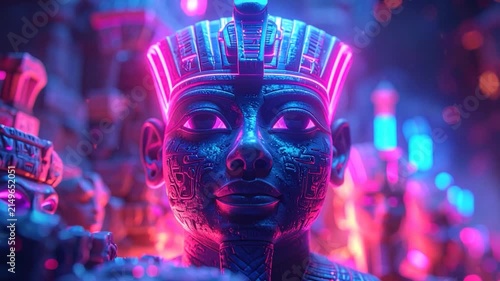 Glowing cybernetic pharaoh bust glows with neon, in a complex environment