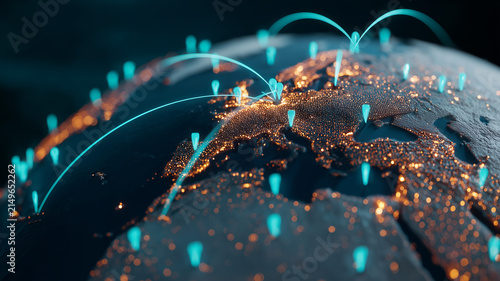 Globe covered with location pins and connecting arcs representing worldwide navigation and global communication networks
