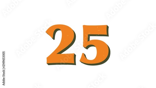 30-second vintage print-inspired countdown on white background with orange numbers, olive green offset shadow, subtle bouncing motion, and flickering grain texture.