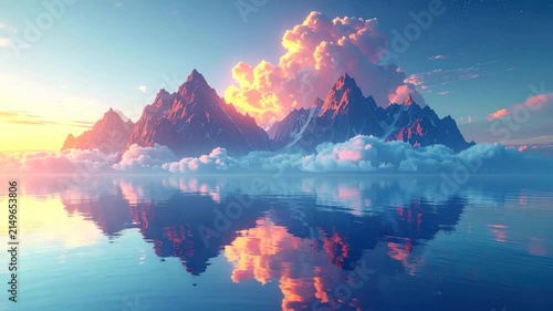 Mountain range reflected in calm water, beneath a sunset sky and clouds