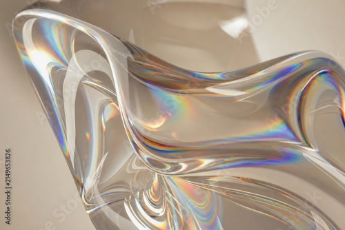Abstract futuristic glass sculpture with iridescent rainbow reflections and smooth organic curves, modern artistic design on neutral background, 3D rendering of translucent material with prismatic