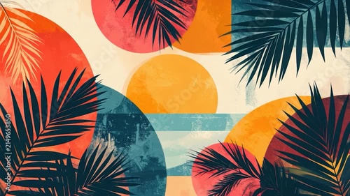 Colorful abstract artwork of palm fronds and sun-like shapes in layered design