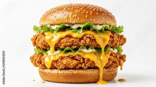 Delicious double crispy fried chicken burger with melted dripping cheddar cheese, fresh green lettuce, creamy mayonnaise sauce, toasted sesame seed bun isolated on clean white background.