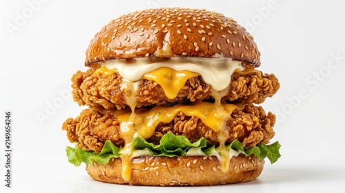 Gourmet double crispy fried chicken burger with melted cheddar cheese dripping sauce, crisp lettuce and mayonnaise in toasted sesame seed bun isolated on seamless white studio background