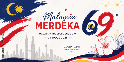 Malaysia Merdeka 2026 design celebrating the 69th National Day with the Malaysian flag, Kuala Lumpur skyline, hibiscus flowers, and dynamic red, white, and blue elements.