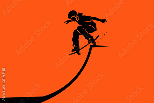 Obraz na plátne Expressive silhouette of a skateboarder performing an aerial maneuver on a curved ramp, symbolizing freedom and adrenaline against a bold orange backdrop