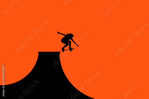 фотографія Analytical silhouette of a skateboarder leaping from a flat platform, capturing the exact moment of takeoff and trajectory on a solid orange background