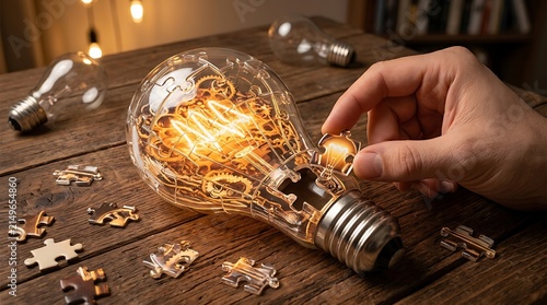 Hand completing a glowing light bulb jigsaw puzzle with gears for innovation on wood table.