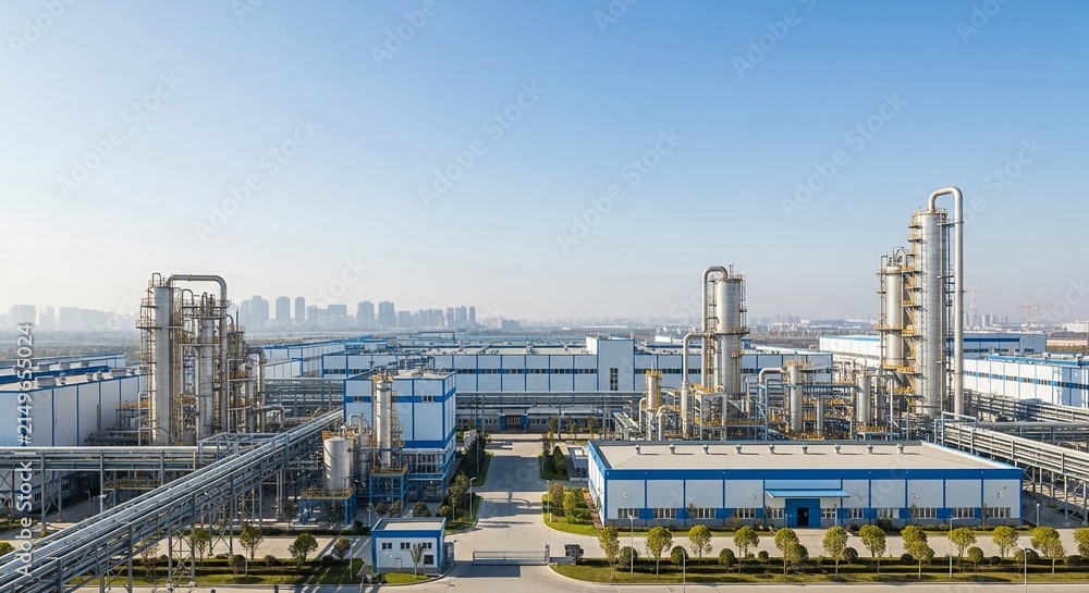 Fototapeta premium Expansive Industrial Factory Complex Viewed From Above Showing Manufacturing Facilities and Urban Horizon