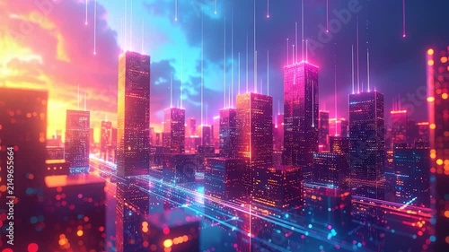 Futuristic city skyline at dusk with glowing neon lights and data streams