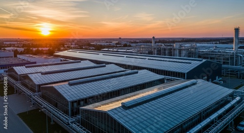 Expansive modern glass manufacturing plant bathed in the warm glow of a sunset, showcasing industrial architecture.