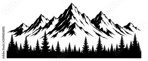Black and white mountain range silhouette with pine forest trees below