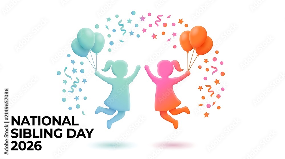 Fototapeta premium National Sibling Day 2026 Illustration. Two Kids Jumping with Balloons. Silhouette Design of Brothers and Sisters. Colorful Vector for Celebration and Greeting Card.