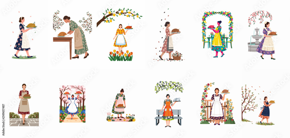 Fototapeta premium Vintage Cottagecore Woman in Apron Illustration Set: Domestic Scenes of Baking, Gardening, and Harvesting with Fresh Bread and Roasted Chicken in Floral Gardens and Outdoor Rural Landscapes.