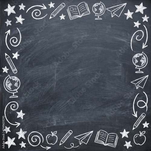 White Chalk School Items Border — Stars Pencils Globes Blackboard Frame