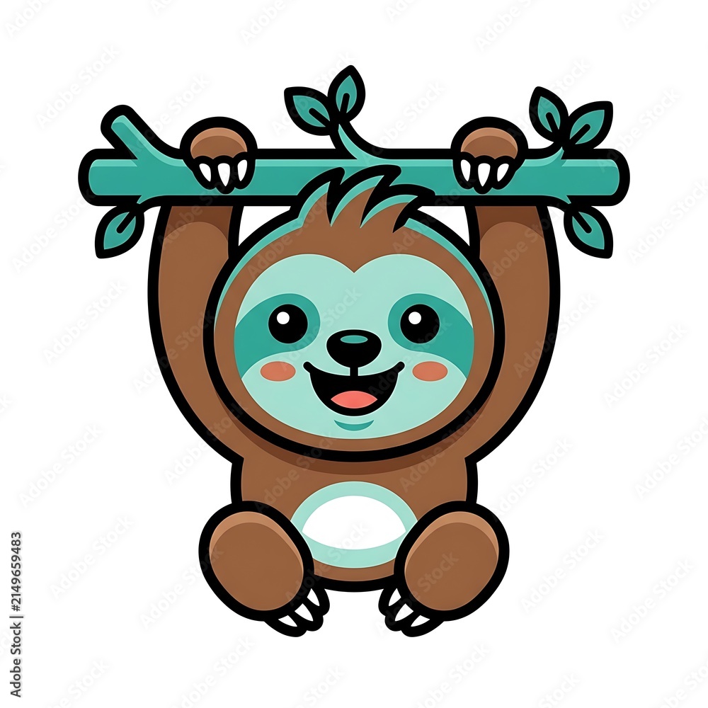 Fototapeta premium Cute Cartoon Sloth Hanging From A Tree Branch With Leaves