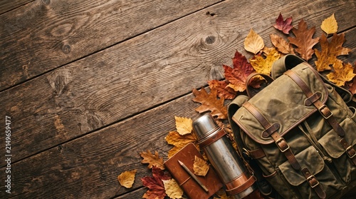 Fall Adventure Backpack Thermos — Autumn Leaves Travel Flatlay