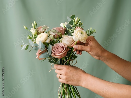 Hands arranging fresh flower stems into bouquet, floristry still life