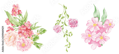 Watercolor pink peony, hydrangea, rose flower bouquet with soft petals and green leaves on white background 