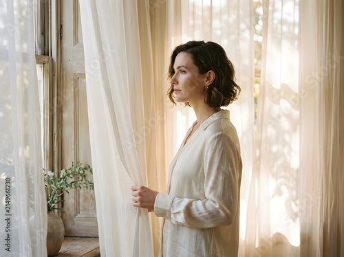 Woman in profile posing near flowing sheer curtains, quiet luxury portrait