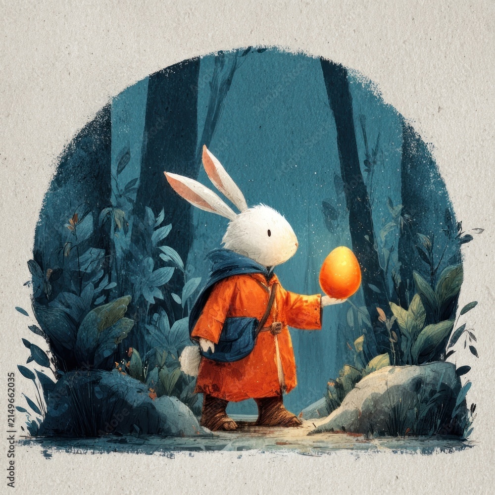 Obraz premium Whimsical rabbit discovers glowing egg.