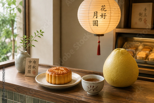 Mooncake on ceramic plate with tea, pomelo and paper lantern, Mid-Autumn Festival bakery display concept