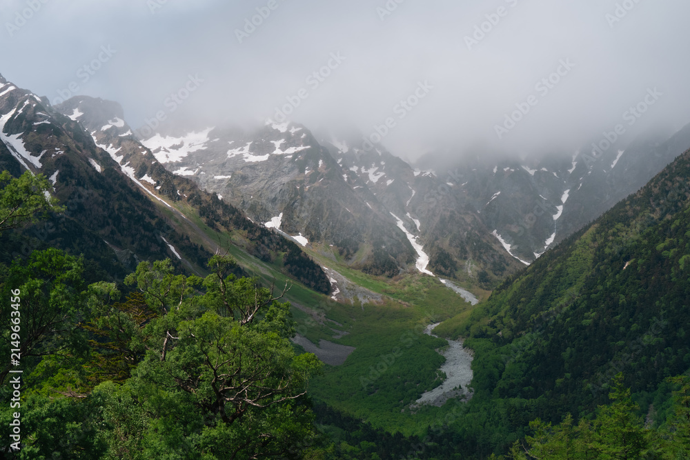Obraz premium Snow mountain valley mist forest river landscape green alpine peak, snow mountain valley with mist, forest, river, and green alpine slope under cloudy sky in remote wilderness scenery