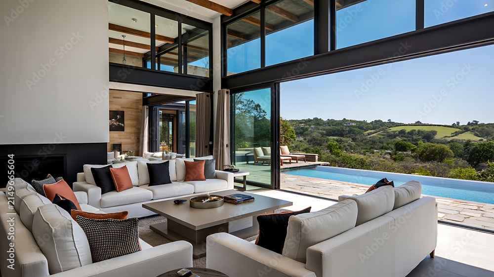 Fototapeta premium Modern luxury living room with panoramic windows overlooking a green countryside landscape