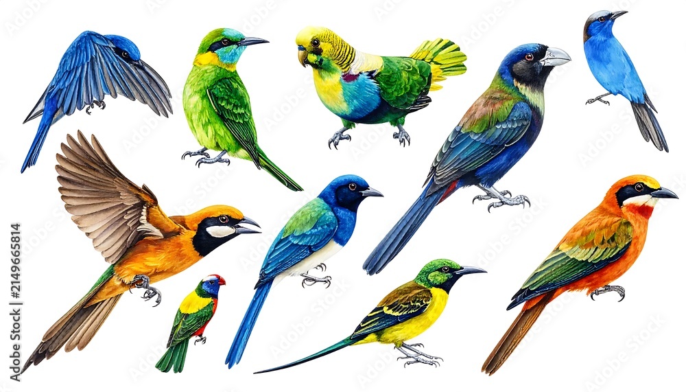 Obraz premium Vibrant tropical birds perched on branches.