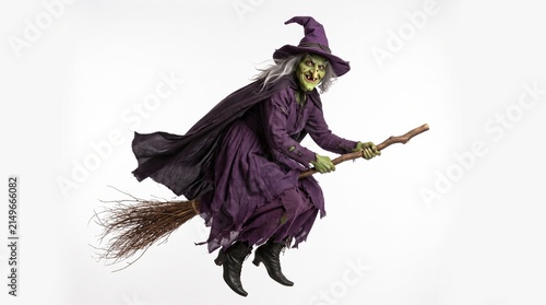 Wicked green witch with sharp teeth wearing purple robes and hat flying on a wooden broomstick against white studio background