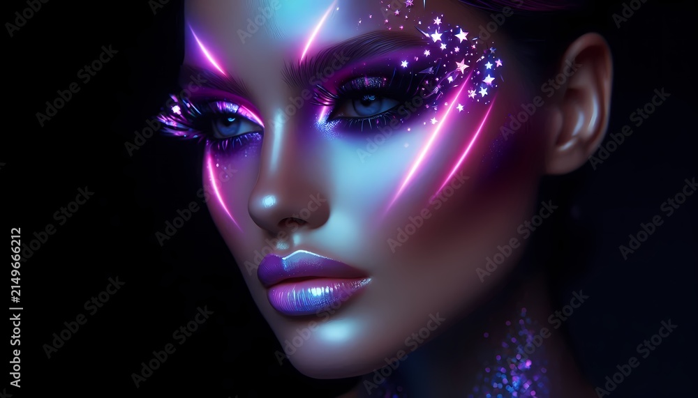 Obraz premium An avant-garde makeup look with purple neon gradients and silver holographic stars, Ai generated image