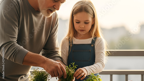 Grandfather and granddaughter gardening on balcony