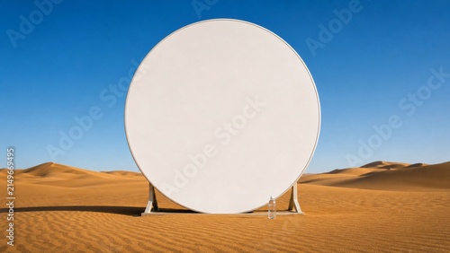 Giant Blank Circular Billboard Mockup in Desert Dunes Under Clear Blue Sky