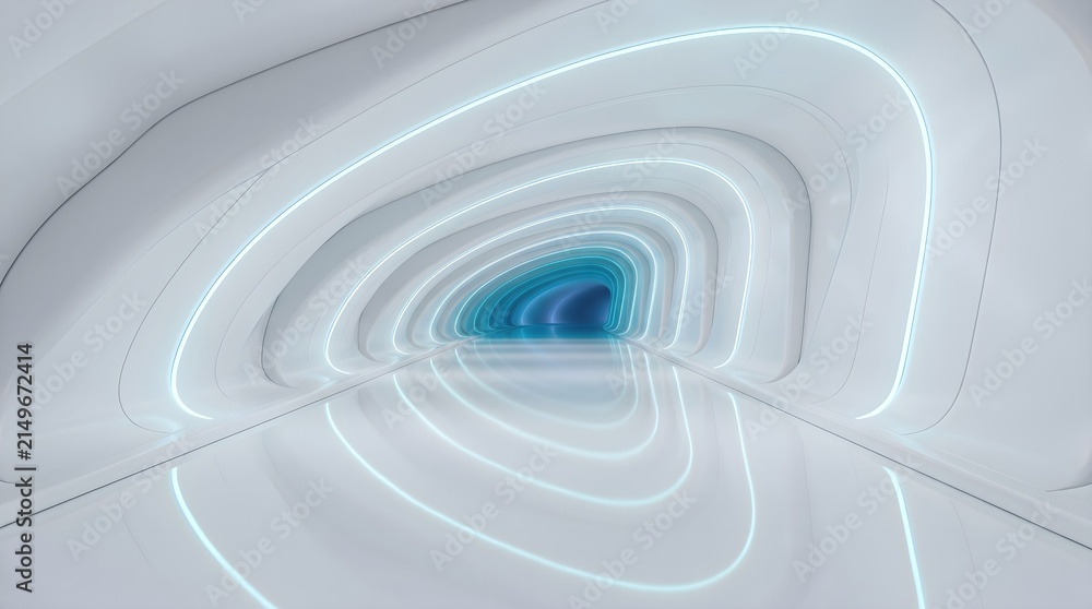 Obraz premium Abstract 3D tunnel concept with white curved walls and glowing blue neon light. Futuristic architectural perspective, minimalist interior design, hyperrealistic rendering for technology and