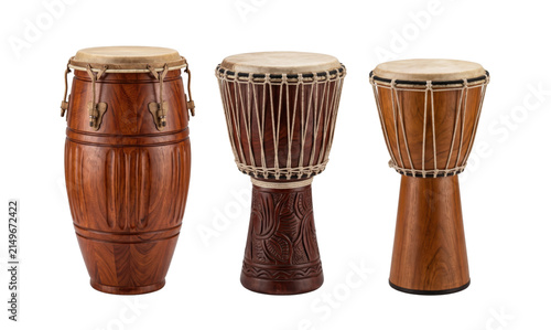 Foto Traditional ethnic percussion drums set with conga and djembe