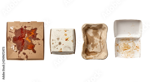 Dirty oily paper takeout food containers and pizza box set
