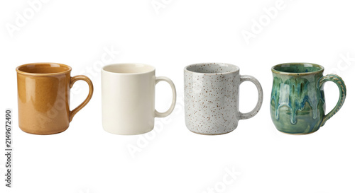 Collection of handcrafted ceramic coffee mugs with unique glazes