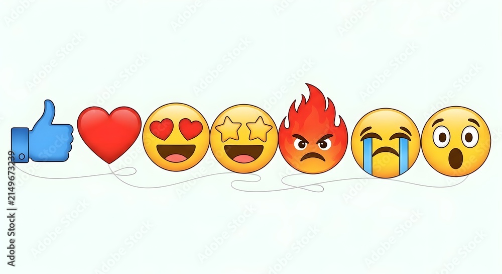 Fototapeta premium A horizontal row of colorful social media reaction icons featuring thumbs up heart smiling faces fire crying and shocked expressions.