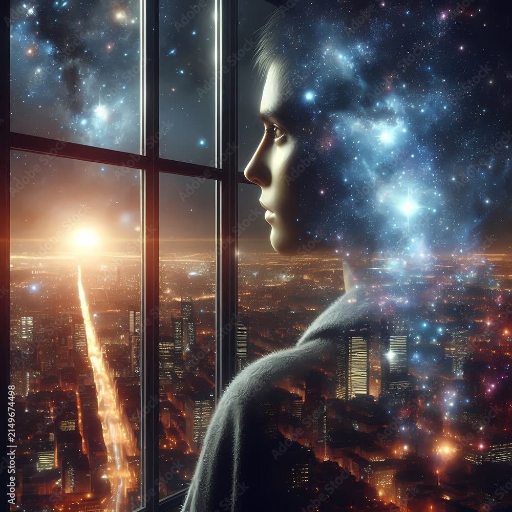 Fototapeta premium A person stands at a window expecting a city view, but the reflection and the view outside show deep space, stars, and a glowing nebula instead of buildings, surreal cosmic scene, Ai generated image