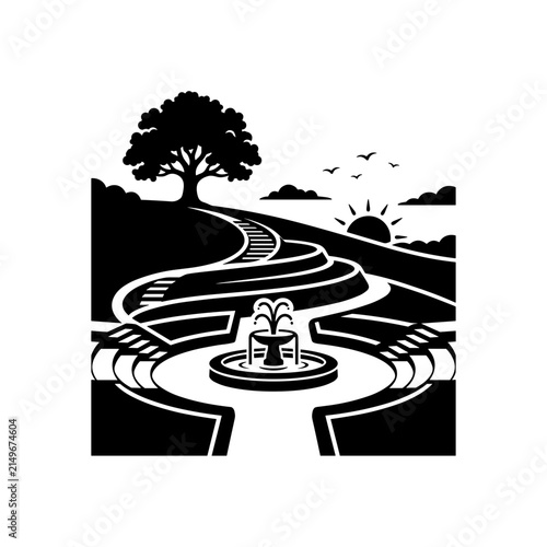 Stylized Garden Landscape with Fountain and Tree.