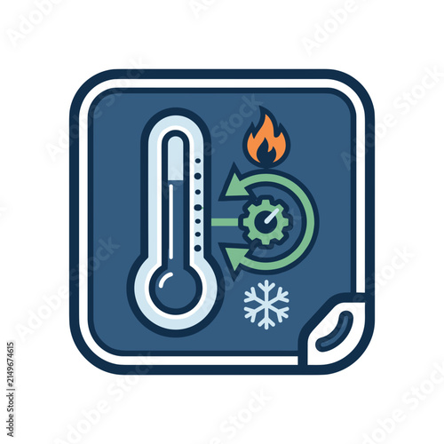Thermometer showing temperature control with heating and cooling symbols.