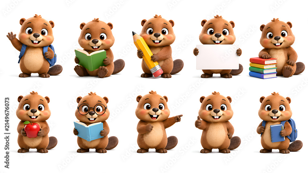 Fototapeta premium Cute Baby Beaver School Mascot Collection, Premium Glossy 3D Cartoon Character Set with Back to School Accessories on White Background